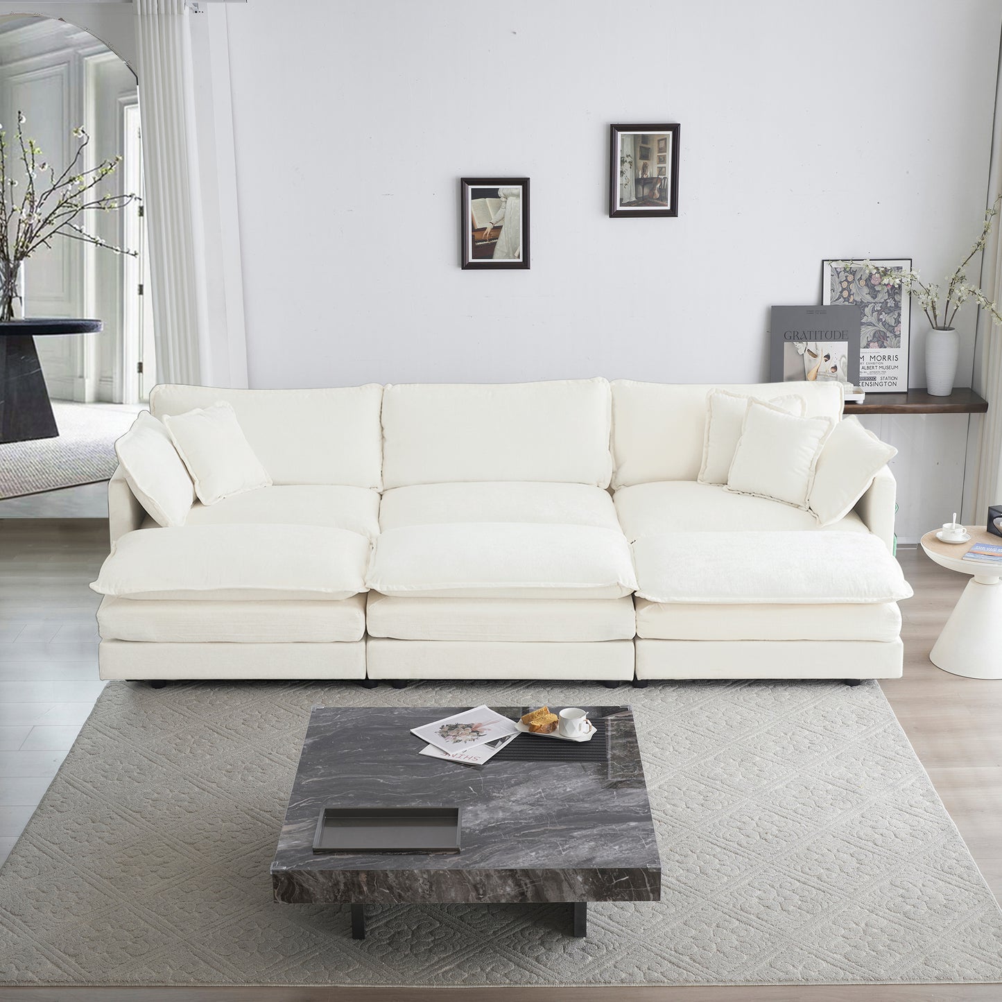 Allure Sofa Set White Chenille 1  Three Seater Sofa  + 3  Ottomans