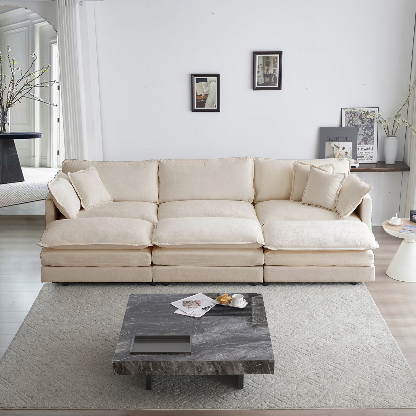 Allure Sofa Set White Chenille 1  Three Seater Sofa  + 3  Ottomans